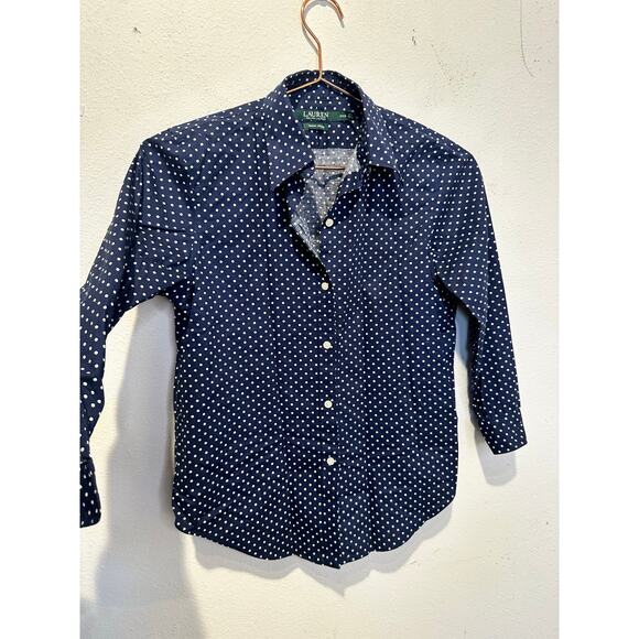 LAUREN RALPH LAUREN Navy White Polka Dot 3/4 Sleeve Button Up Shirt size P XS - Picture 4 of 7